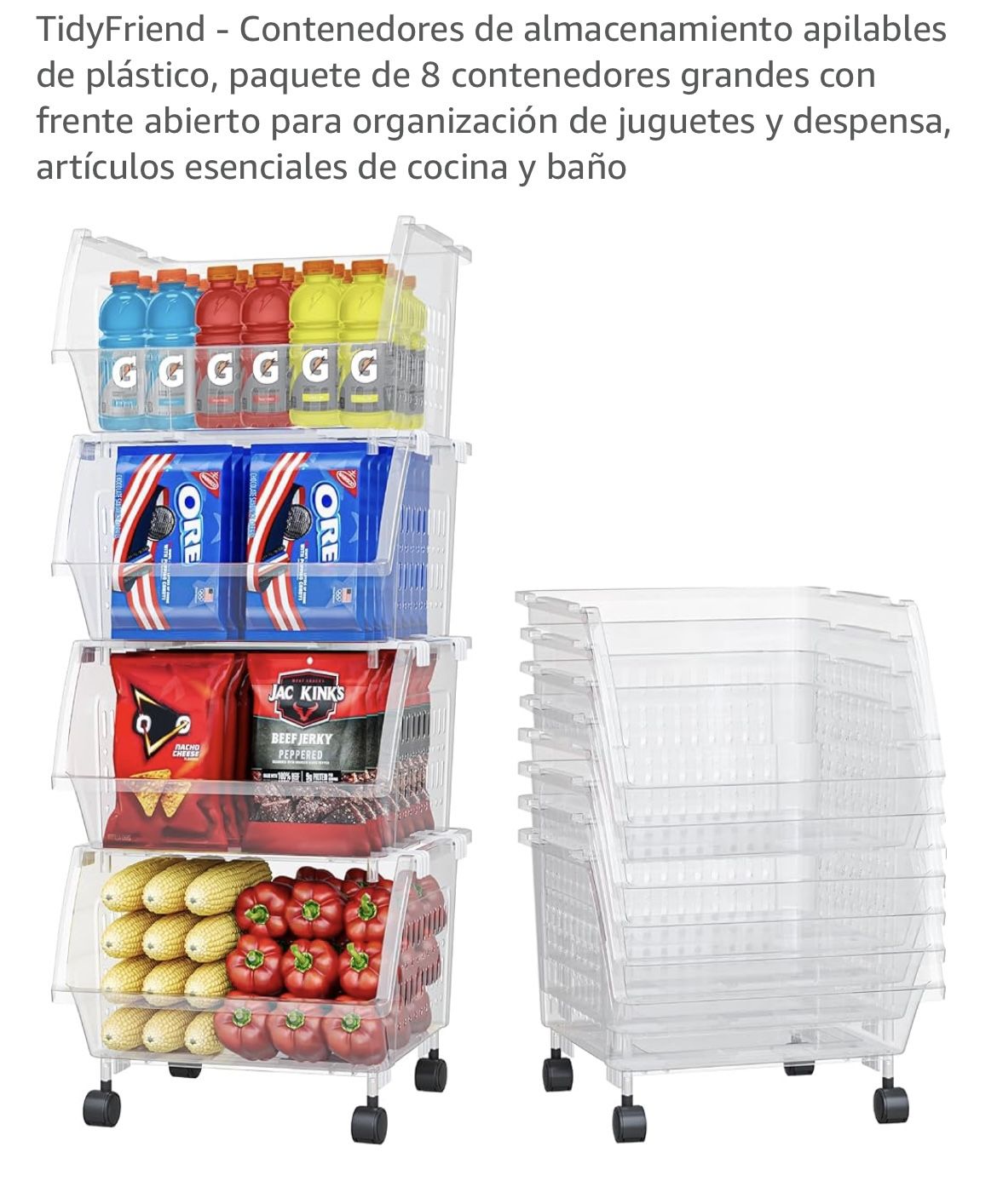 TidyFriend - Plastic Stackable Storage Containers, Pack of 8 Large Containers with Open Front for Toy and Pantry Organization, Kitchen and Bathroom Es