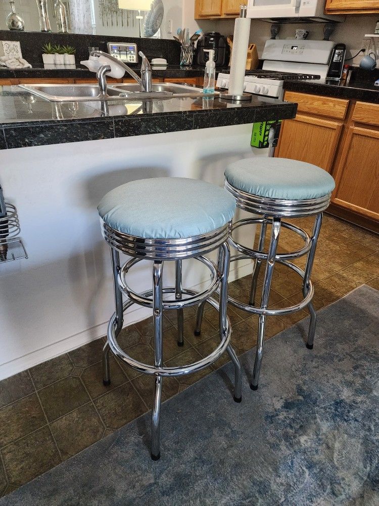 (2) Chrome Swivel Bar Stools w Footrests - Mint Green Fabric Covered Padded Seats