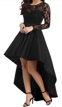 Women's Black Long Sleeve Lace High Low Satin Dress