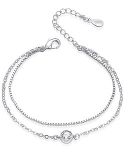 White Gold Plated 925 Sterling Silver Cubic Zirconia Simulated Gemstone 6mm Round Bracelet, Adjustable Elegant Double Chain Bracelets Jewelry Gift