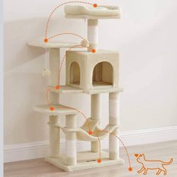 Cat Tree, 44.1-Inch Cat Tower for Indoor Cats, Multi-Level Cat Condo with 4 Scratching Posts, 2 Perches, Hammock, Cave, Beige UPCT261M01 