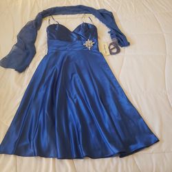 Cute Satin Blue Short Dress With Shawl 