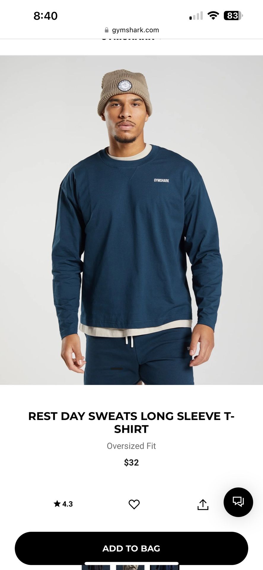 Men’s Gymshark REST DAY SWEATS LONG SLEEVE T-SHIRT - Navy