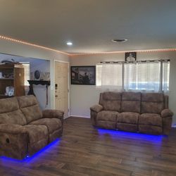 Beautiful Basically New 2 Piece Electric Couch & Loveseat Set With LED's, USB Plugs, & Recliners