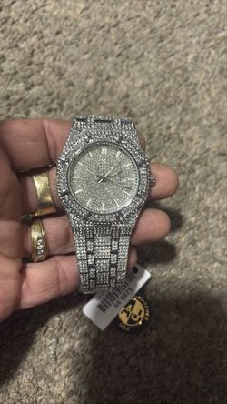 Iced Out Silver-Tone Watch with Crystal Dial