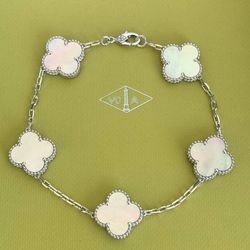 18k white gold Van cleef Alhambra style Pink Mother of Pearl 5 motifs clover shape stone bracelet