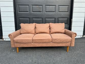 Mid-Century Sofa – Faux Suede Leather-Look Upholstery, Tapered Wood Legs