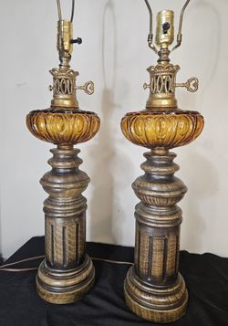 Vintage Large Amber Glass Lamps with Key Detail - MCM , Mid Century Modern