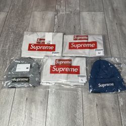 Maison Margiela x Box Logo Tee Sizes M and L /// Supreme New Era Box Logo Beanie (FW23)  Heather Grey / Dark Purple / Dark Sand / Blue BRAND NEW