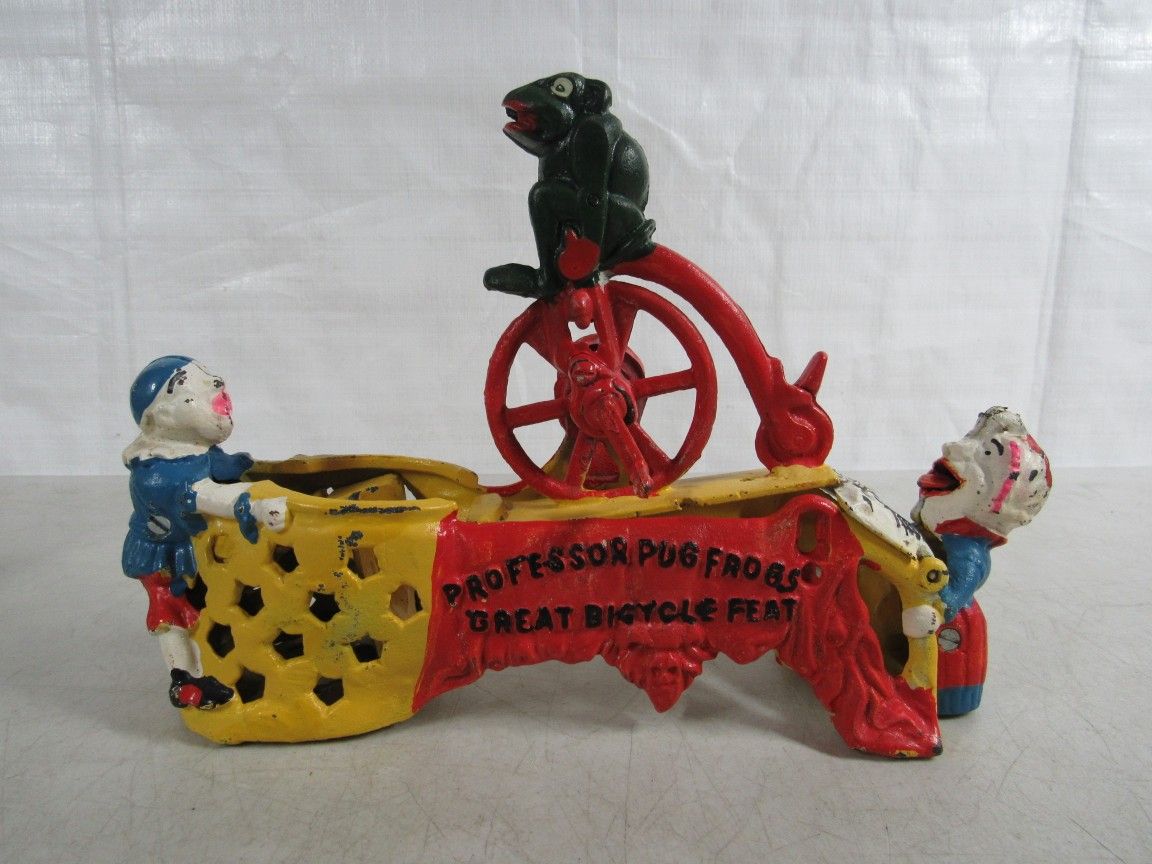 Professor Pug Frogs Great Bicycle Feat Cast Iron Mechanical Coin Bank
