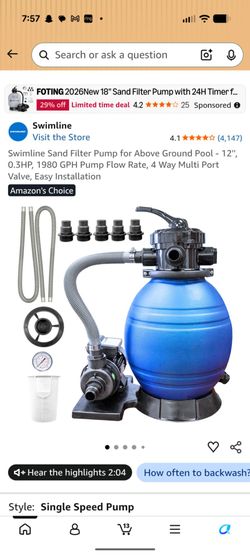 Swimline 12" Sand Filter Pump for Above Ground Pool
