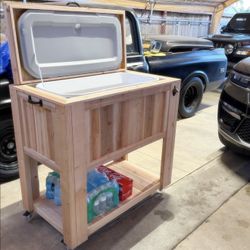 Custom Wooden Rolling Cooler Cart w/ Coleman Cooler – Removable, Bottle Opener, Drain Plug & Wheels