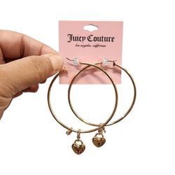 Juicy Couture Gold Toned Oversized Hoops Bling Heart Locket Earrings