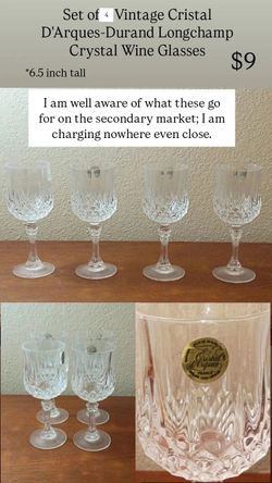 (SOLD) Set of 4 Vintage Cristal D'Arques-Durand Longchamp Crystal Wine Glasses