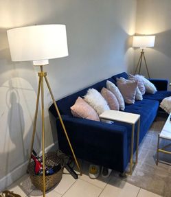 66" Gold Tripod Floor Lamp w/ White Shade – 2 Available