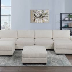 Beige Corduroy Sectional Sofa 