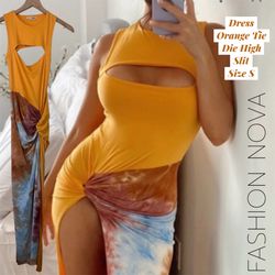 Fashion Nova Orange Tie Dye Dress High Slit