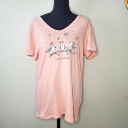 NWOT Life Is Good Light Pink W/ 3 Birds Wearing Santa Hats Size: Large V-Neck  