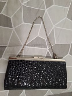 Black Patent Croc-Embossed Clutch with Chain Strap