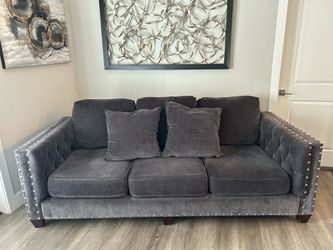CLEAN Couch / Sofa  | charcoal grey fabric, tuffed arms, studded chrome nailhead