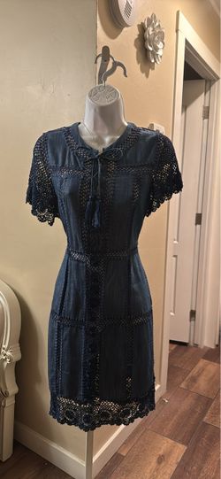 Navy Blue Crochet Lace Trim Dress