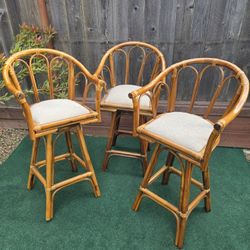 AMAZING Set 3x Bamboo Rattan Bar Stools Tiki Room MCM Style EXCELLENT Quality & Condition 