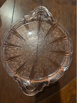 Vintage Jeannette Pink Depression Glass Cherry Blossom Handled Cake Plate