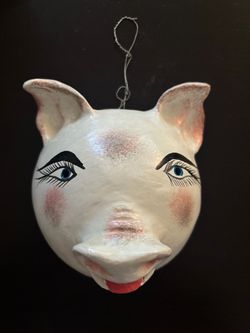 Hand-Painted Coconut Shell Pig Mask Wall Decor