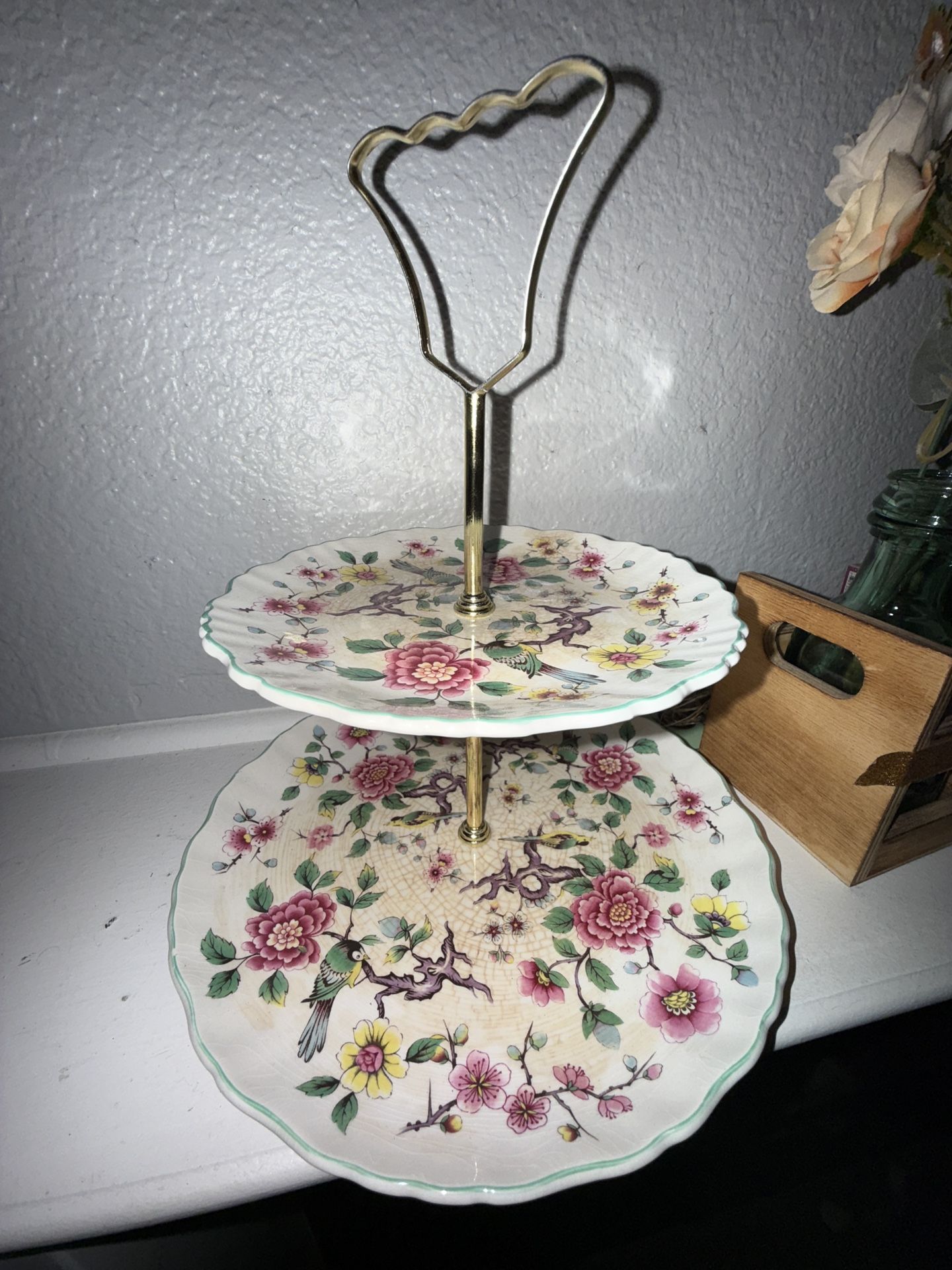 two tiered floral gold tray