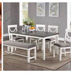 Dining table set with chairs and bench