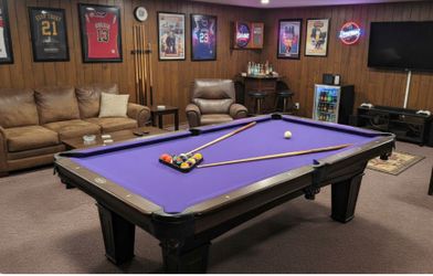 Custom Dark Wood Pool Table with Striking Purple Felt - Accessories Included