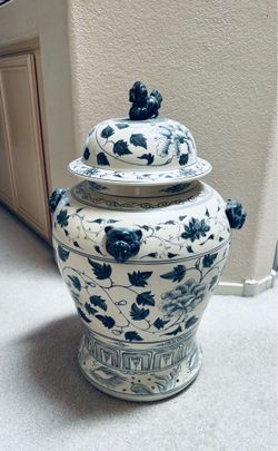 Vintage Large Vietnamese Jar with Foo Dog on Lid and Sides