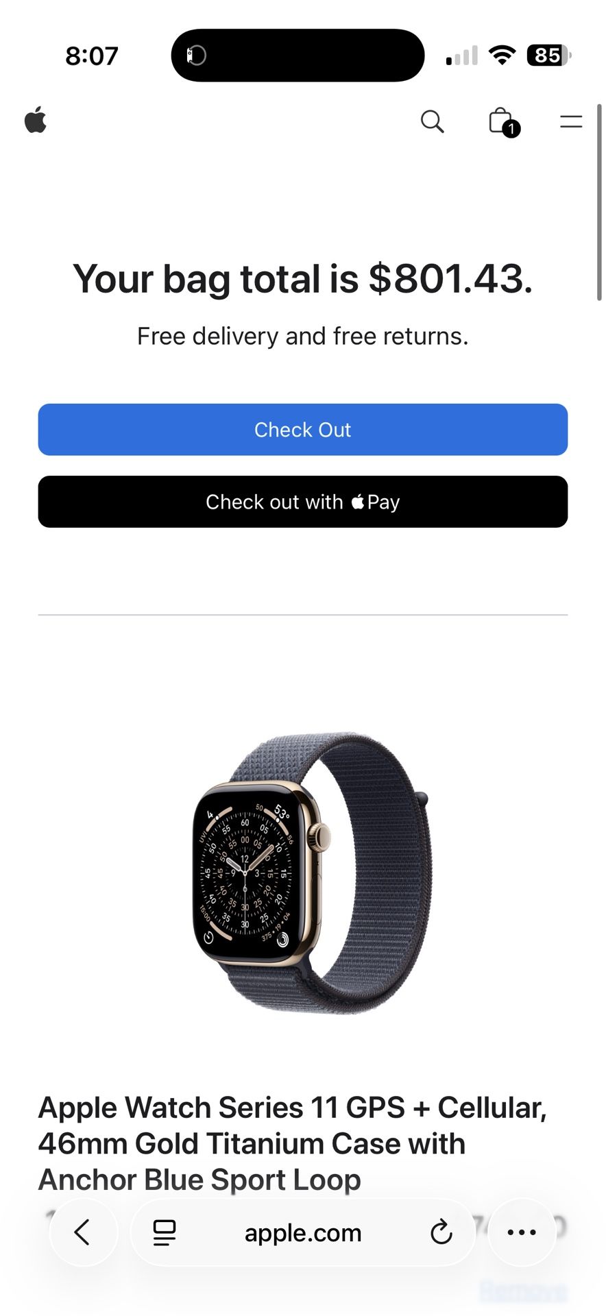 Apple Watch Series 11 GPS + Cellular Unlocked, 46mm Gold Titanium Case with Anchor Blue Sport Loop for sale. Retails new for $801.43 after taxes, but 
