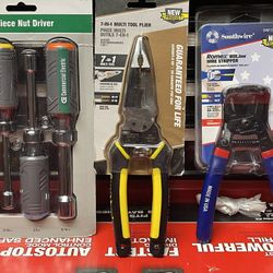 COMMERCIAL ELECTRIC 4-pc NUT DRIVER PLUS SOUTHWIRE 7-in-1 MULTI TOOL PLIER AND SOUTHWIRE  ROMEX BOX JAW WIRE STRIPPER  ALL 3 For$ 49