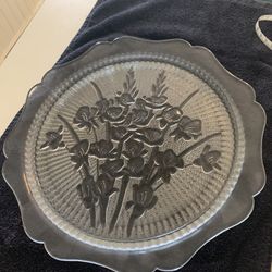 12” vintage glass round glass platter. Iris design