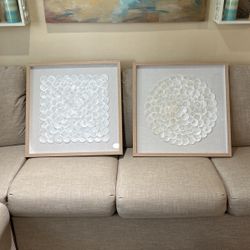 Handmade Cream Capiz Shell Geometric Overlapping Shells art work. Shadow Box with Canvas Backing, Set of 2 24"W, 24"H