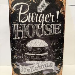 VINTAGE ENJOY BURGER HOUSE DELICIOUS HAMBURGER RESTAURANT KITCHEN TIN SIGN 12”
