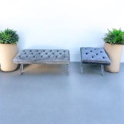 2p Safavieh Tufted Dar Gray Velvet Lucite Contemporary Bench Chair + Ottoman