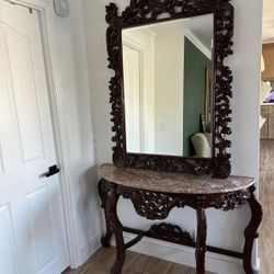 Marble Pink Antique Bombay Table & Mirror Set 