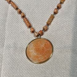 Vintage From Mexico, Aztec Inspired Hand Carved Pendant 20 Inch Necklace. Orange Stone.