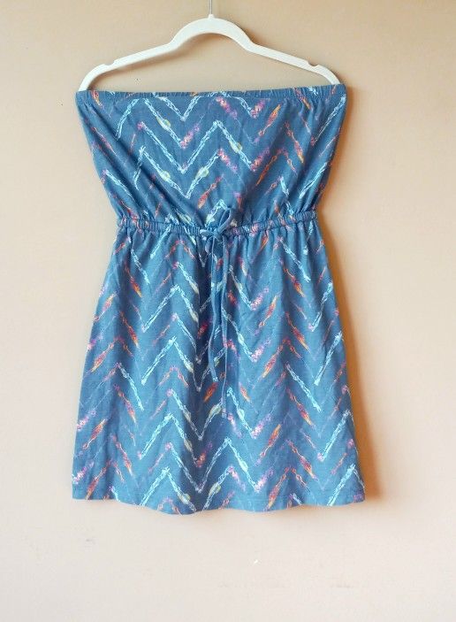 Strapless Dress Womens Size M / Medium Blue Striped Drawstring Waist Sundress