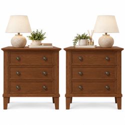 Set of 2 Walnut Brown Solid Wood 3 Drawers Nightstand with Charging Station