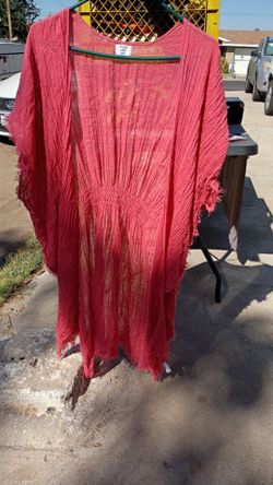 Red Crinkle Fabric Kimono Cover-Up