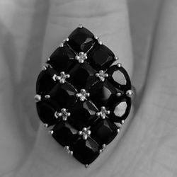 Genuine Cushion Cut Black Spinel Cluster Ring in .925 Sterling Silver. Size 7.