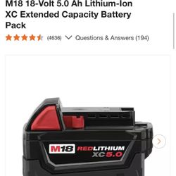 Milwaukee M18 5.0Amph Battery $60