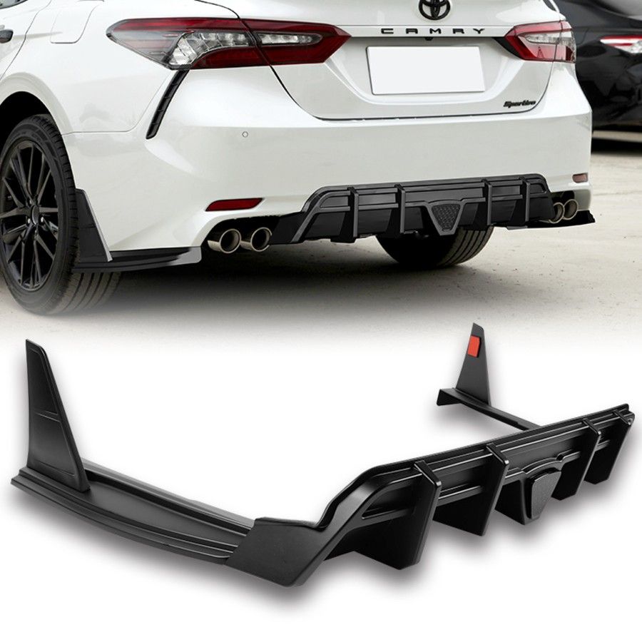 For 2018-2024 Toyota Camry SE XSE Rear Bumper Diffuser Lip With Smoke LED Light -(2-PU-811-RLS-BK + SM