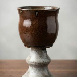 VINTAGE STUDIO POTTERY CERAMIC GOBLET CHALICE HANDMADE SPECKLED CLAY PEDESTAL CUP