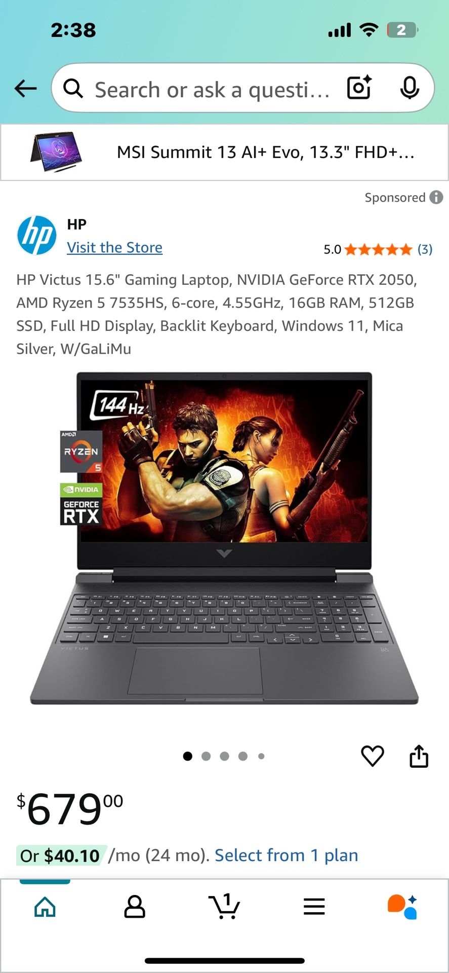 •	HP Victus 15 Gaming Laptop