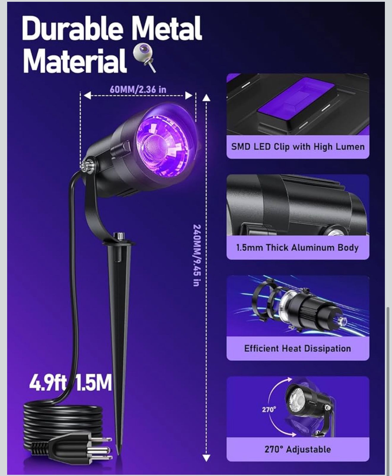 Brand new Halloween Black Light Spotlight Outdoor 12W IP65 Waterproof LED Spot Lights Landscape Lighting with 4.9ft US Plug for Glow Party Body Paint