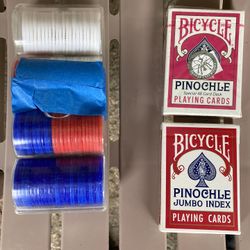 2 NEW DECKS OF PINOCHLE PLAYING CARDS AND CLEAR ROLL OF POKER CHIPS